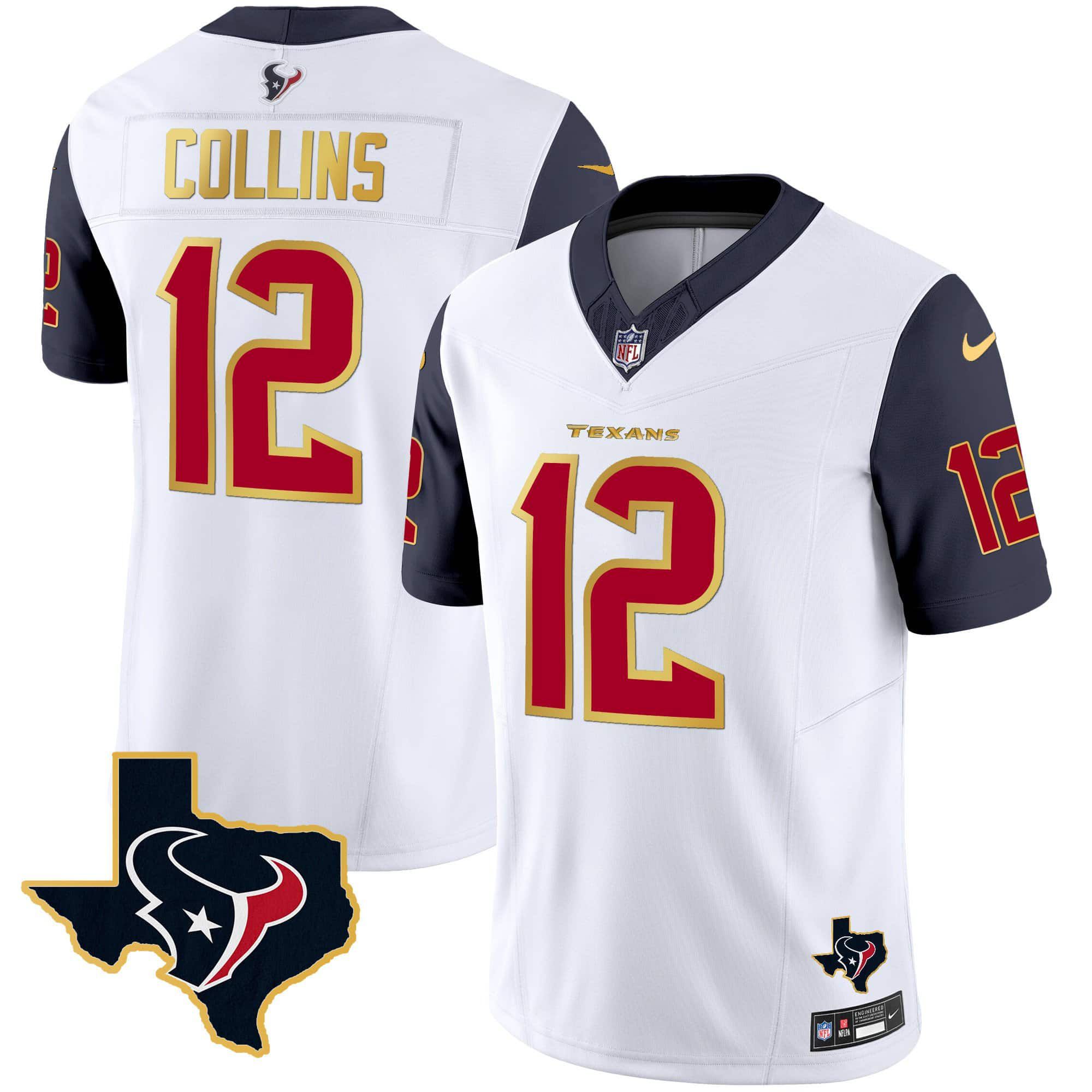 Men Houston Texans #12 Collins White Gold 2024 Nike Trim Vapor NFL Jersey style 1